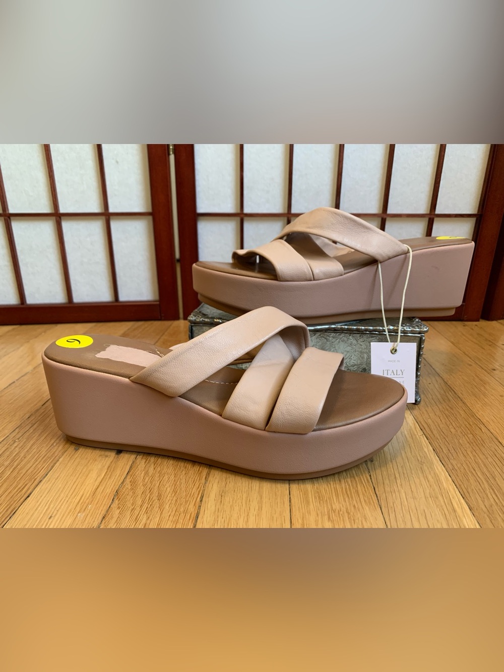 NWOB SAB Made In Italy Rose/Beige Strappy Leather Slip-On Wedge Sandals Size 9